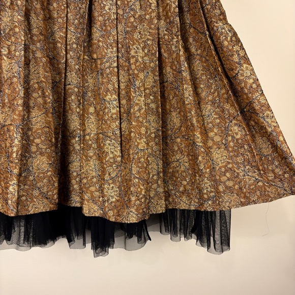 Vintage Gold Brocade Floral Midi Skirt Pleated Sheer Black Trim - Picture 6 of 7